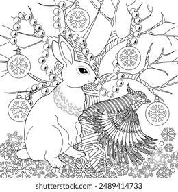 Art therapy coloring page. Coloring book for adults and children. Winter Christmas landscape with a rabbit. Ideal for those who want to feel more connected to nature.