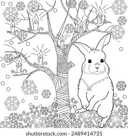 Art therapy coloring page. Coloring book for adults and children. Winter Christmas landscape with a rabbit. Ideal for those who want to feel more connected to nature.