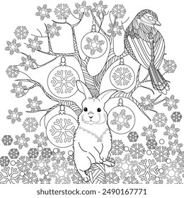 Art therapy coloring page. Coloring book for adults and children. Winter Christmas landscape with a rabbit. Ideal for those who want to feel more connected to nature.