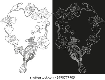 Art therapy coloring page. Coloring book antistress for children and adults. Birds and Flowers Daisies hand drawn in vintage style . Ideal for those who want to feel more connected to nature.
