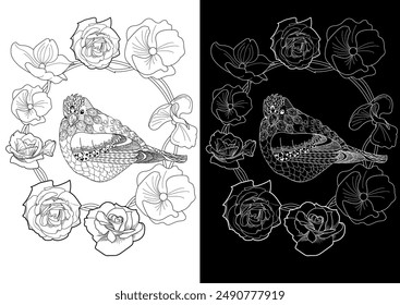 Art therapy coloring page. Coloring book antistress for children and adults. Birds and Flowers Daisies hand drawn in vintage style . Ideal for those who want to feel more connected to nature.
