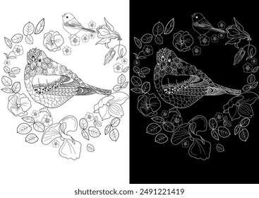 Art therapy coloring page. Coloring book antistress for children and adults. Birds and Flowers Daisies hand drawn in vintage style . Ideal for those who want to feel more connected to nature.
