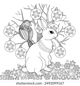 Art therapy coloring page. Coloring book for adults and children. Winter Christmas landscape with a rabbit. Ideal for those who want to feel more connected to nature.