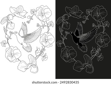 Art therapy coloring page. Coloring book antistress for children and adults. Birds and Flowers Daisies hand drawn in vintage style . Ideal for those who want to feel more connected to nature.
