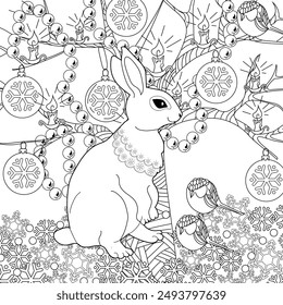 Art therapy coloring page. Coloring book for adults and children. Winter Christmas landscape with a rabbit.  Ideal for those who want to feel more connected to nature.
