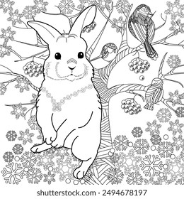 Art therapy coloring page. Coloring book for adults and children. Winter Christmas landscape with a rabbit.  Ideal for those who want to feel more connected to nature.
