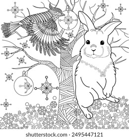 Art therapy coloring page. Coloring book for adults and children. Winter Christmas landscape with a rabbit.  Ideal for those who want to feel more connected to nature.
