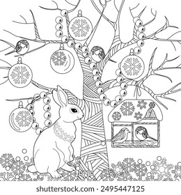 Art therapy coloring page. Coloring book for adults and children. Winter Christmas landscape with a rabbit.  Ideal for those who want to feel more connected to nature.
