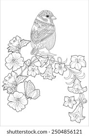 Art therapy coloring page. Coloring book antistress for children and adults. Birds and flowers hand drawn in vintage style . Ideal for those who want to feel more connected to nature.
