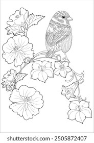 Art therapy coloring page. Coloring book antistress for children and adults. Birds and flowers hand drawn in vintage style . Ideal for those who want to feel more connected to nature.
