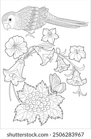 Art therapy coloring page. Coloring book antistress for children and adults. Birds and flowers hand drawn in vintage style . Ideal for those who want to feel more connected to nature.

