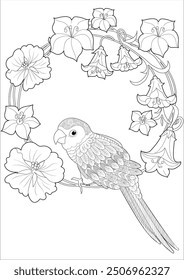 Art therapy coloring page. Coloring book antistress for children and adults. Birds and flowers hand drawn in vintage style . Ideal for those who want to feel more connected to nature.
