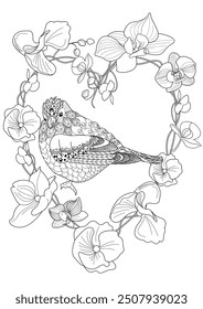 Art therapy coloring page. Coloring book antistress for children and adults. Birds and flowers hand drawn in vintage style . Ideal for those who want to feel more connected to nature.
