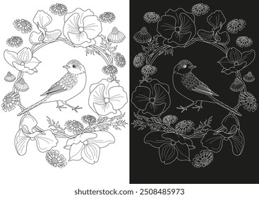 Dibujo para colorear de terapia artística. Libro para colorear antiestrés para niños y adultos. Pájaros y flores dibujados a mano en estilo vintage. Ideal para aquellos que quieren sentirse más conectados con la naturaleza.
