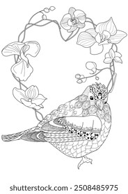 Art therapy coloring page. Coloring book antistress for children and adults. Birds and flowers hand drawn in vintage style . Ideal for those who want to feel more connected to nature.
