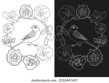 Dibujo para colorear de terapia artística. Libro para colorear antiestrés para niños y adultos. Pájaros y flores dibujados a mano en estilo vintage. Ideal para aquellos que quieren sentirse más conectados con la naturaleza.
