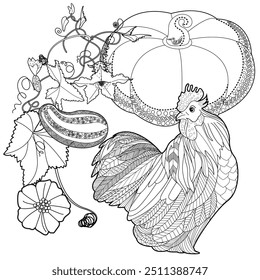 Art therapy coloring page. Coloring book antistress for children and adults. Rooster and Flowers Daisies hand drawn in vintage style . Ideal for those who want to feel more connected to nature.