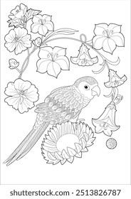 Art therapy coloring page. Coloring book antistress for children and adults. Birds and Flowers Daisies hand drawn in vintage style . Ideal for those who want to feel more connected to nature.
