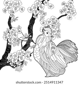 Art therapy coloring page. Coloring book antistress for children and adults. Rooster and Flowers Daisies hand drawn in vintage style . Ideal for those who want to feel more connected to nature.