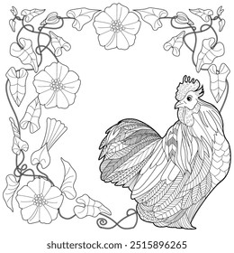 Art therapy coloring page. Coloring book antistress for children and adults. Rooster and Flowers Daisies hand drawn in vintage style . Ideal for those who want to feel more connected to nature.