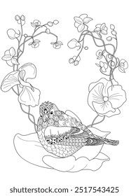 Art therapy coloring page. Coloring book antistress for children and adults. Birds and flowers hand drawn in vintage style . Ideal for those who want to feel more connected to nature.

