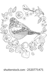 Art therapy coloring page. Coloring book antistress for children and adults. Birds and flowers hand drawn in vintage style . Ideal for those who want to feel more connected to nature.
