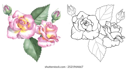 Art therapy coloring page. Coloring book antistress for children and adults. Roses hand drawn in vintage style . Ideal for those who want to feel more connected to nature.