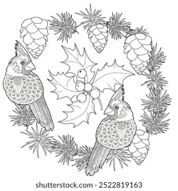 Art therapy coloring page. Coloring book antistress for children and adults. Rooster and Flowers Daisies hand drawn in vintage style . Ideal for those who want to feel more connected to nature