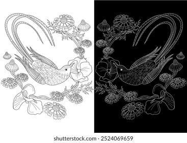 Art therapy coloring page. Coloring book antistress for children and adults. Birds and flowers hand drawn in vintage style . Ideal for those who want to feel more connected to nature.
