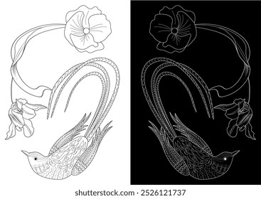Art therapy coloring page. Coloring book antistress for children and adults. Birds and flowers hand drawn in vintage style . Ideal for those who want to feel more connected to nature.
