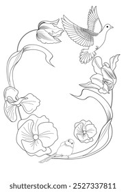 Art therapy coloring page. Coloring book antistress for children and adults. Birds and flowers hand drawn in vintage style . Ideal for those who want to feel more connected to nature.
