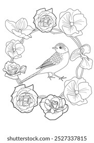 Art therapy coloring page. Coloring book antistress for children and adults. Birds and flowers hand drawn in vintage style . Ideal for those who want to feel more connected to nature.
