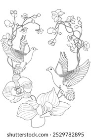 Art therapy coloring page. Coloring book antistress for children and adults. Birds and flowers hand drawn in vintage style . Ideal for those who want to feel more connected to nature.
