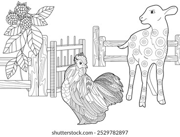 Kunsttherapie Malvorlage. Malbuch für Kinder und Erwachsene. Malerei Bilder mit Haustieren. Die Kunst der linearen Gravur. Antistress Freehand Skizze Zeichnung mit Doodle und Zentangle Elemente.