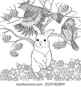 Art therapy coloring page. Coloring book for adults and children. Winter Christmas landscape with a rabbit.  Ideal for those who want to feel more connected to nature.
