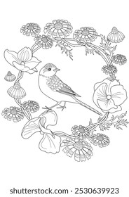 Art therapy coloring page. Coloring book antistress for children and adults. Birds and flowers hand drawn in vintage style . Ideal for those who want to feel more connected to nature.
