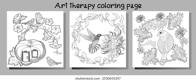 Art therapy coloring page. Coloring book antistress for children and adults. Birds and flowers hand drawn in vintage style . Ideal for those who want to feel more connected to nature.
