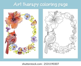 Art therapy coloring page. Coloring book antistress for children and adults. Birds and flowers hand drawn in vintage style . Ideal for those who want to feel more connected to nature.
