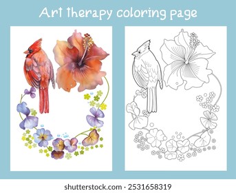 Art therapy coloring page. Coloring book antistress for children and adults. Birds and flowers hand drawn in vintage style . Ideal for those who want to feel more connected to nature.
