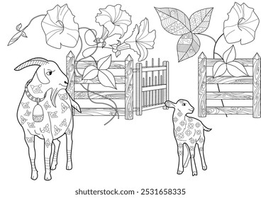 Art therapy coloring page. Coloring Book for children and adults. Colouring pictures with pets. The art of linear engraving. Antistress freehand sketch drawing with doodle and zentangle elements.