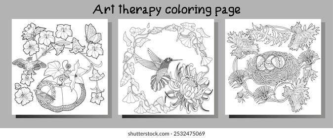 Art therapy coloring page. Coloring book antistress for children and adults. Birds and flowers hand drawn in vintage style . Ideal for those who want to feel more connected to nature.
