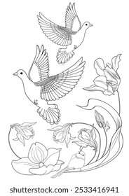 Art therapy coloring page. Coloring book antistress for children and adults. Birds and flowers hand drawn in vintage style . Ideal for those who want to feel more connected to nature.
