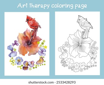 Art therapy coloring page. Coloring book antistress for children and adults. Birds and flowers hand drawn in vintage style . Ideal for those who want to feel more connected to nature.
