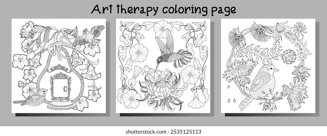 Art therapy coloring page. Coloring book antistress for children and adults. Birds and flowers hand drawn in vintage style . Ideal for those who want to feel more connected to nature.
