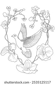 Art therapy coloring page. Coloring book antistress for children and adults. Birds and flowers hand drawn in vintage style . Ideal for those who want to feel more connected to nature.
