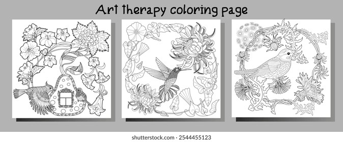 Dibujo para colorear de terapia artística. Libro para colorear antiestrés para niños y adultos. Pájaros y flores dibujados a mano en estilo vintage. Ideal para aquellos que quieren sentirse más conectados con la naturaleza.
