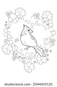 Dibujo para colorear de terapia artística. Libro para colorear antiestrés para niños y adultos. Pájaros y flores dibujados a mano en estilo vintage. Ideal para aquellos que quieren sentirse más conectados con la naturaleza.
