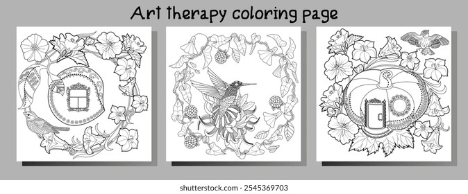 Dibujo para colorear de terapia artística. Libro para colorear antiestrés para niños y adultos. Pájaros y flores dibujados a mano en estilo vintage. Ideal para aquellos que quieren sentirse más conectados con la naturaleza.
