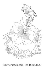 Dibujo para colorear de terapia artística. Libro para colorear antiestrés para niños y adultos. Pájaros y flores dibujados a mano en estilo vintage. Ideal para aquellos que quieren sentirse más conectados con la naturaleza.
