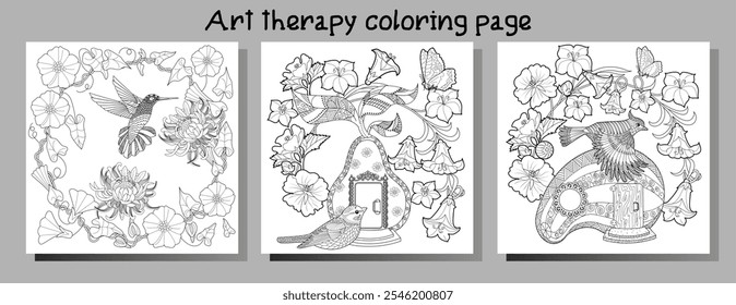 Dibujo para colorear de terapia artística. Libro para colorear antiestrés para niños y adultos. Pájaros y flores dibujados a mano en estilo vintage. Ideal para aquellos que quieren sentirse más conectados con la naturaleza.
